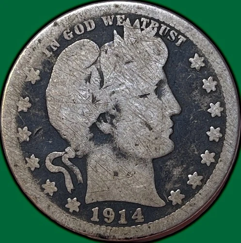 1914-S Barber Quarter Choice Almost Good AG+/G Coin, Scratches #35537