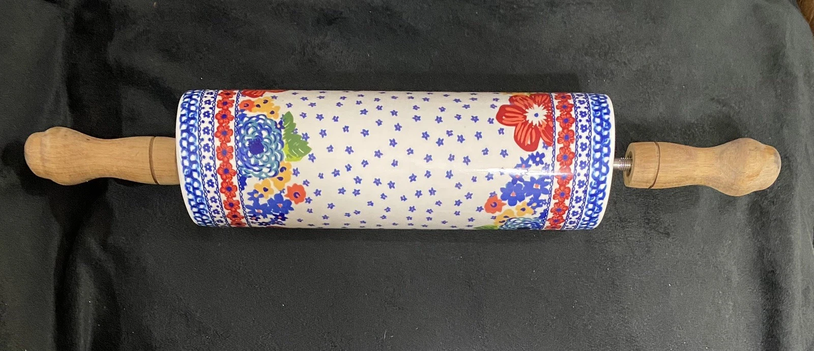 Pioneer Woman Ceramic Rolling Pin Dazzling Dahlias Retired Acacia Wood Handles