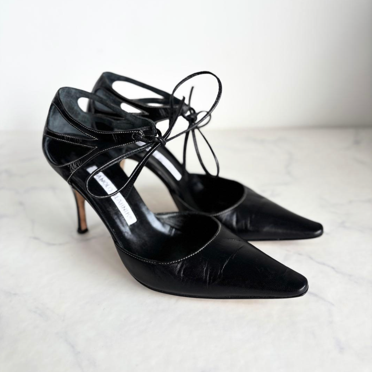 Manolo Blahnik Lace-up D'Orsay Heel Pumps Black Leather Size 36.5