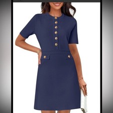 Merokeety size L Elegant Navy Blue Button-Down Dress