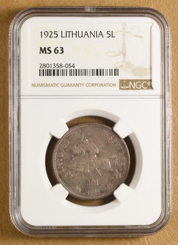1925 Lithuania Silver 5 Litai NGC MS63