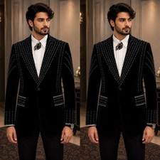 Velvet Peak Lapel Men's Suits Luxury Beading Jacket 2Pcs Black Rhinestone Coat