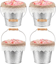 4 Pcs Wedding Flower Girl Basket Rustic Iron Bucket with Linen Lace Lining Woode