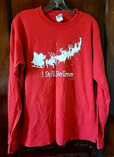 Christmas T-Shirt "I Still Believe" Long Sleeve Red. Santa & Sleigh Size Medium 
