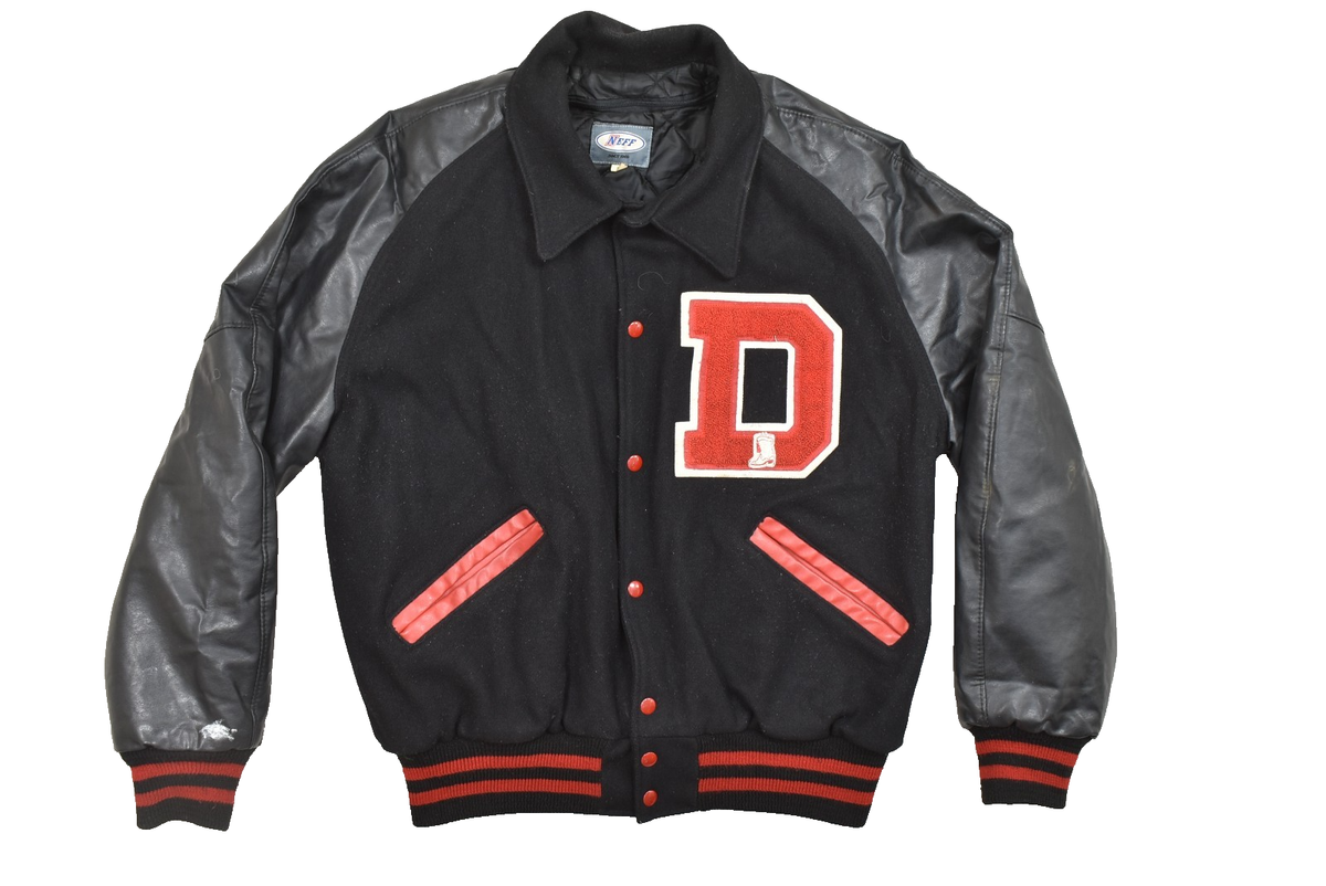 Neff Mens Large Vintage Varsity Bomber Jacket Black Red Wool