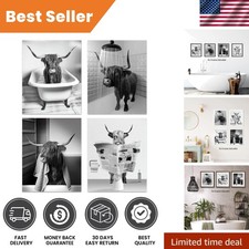 Vintage Black and White Highland Cow Wall Art   4pc 8x10 Rustic Bathroom Decor