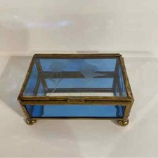 Vintage Floral Etched Glass Brass Trinket Box Mirrored Bottom Ball Feet