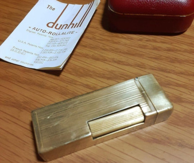 Working Dunhill Oil Lighter gold auto roller with box and paper