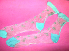 Vintage Ankle Socks Clear Nylon w/ Aqua Accents