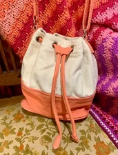 Lands End Peach & White Mini Canvas Bucket Tote Drawstring  Crossbody Bag Purse