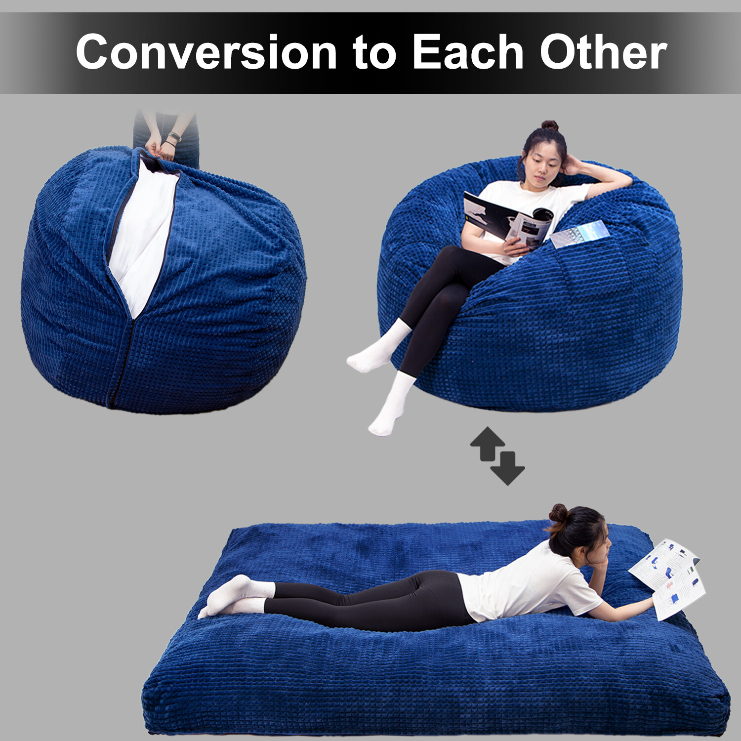 N&V Giant Bean Bag Sofa, Convertible Chair Folds from Bean Bag to Bed