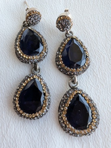 Turkish Artisan Sterling Silver Teardrop Onyx, Morganite & Marcasite Earrings