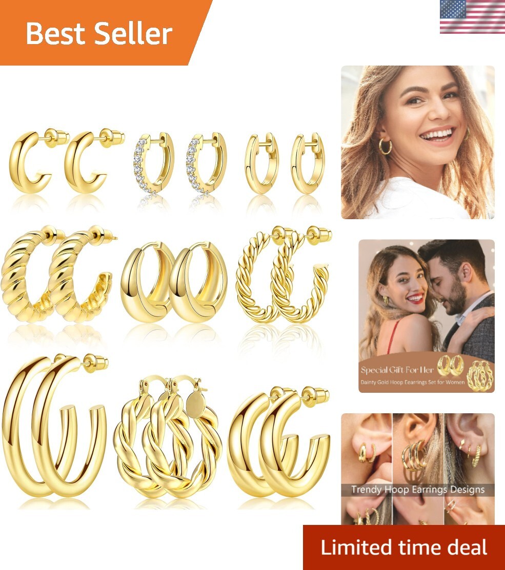 9 Pairs Gold Hoop Earrings Set for Womens Twisted Huggie Hoops Earrings 14K 1...