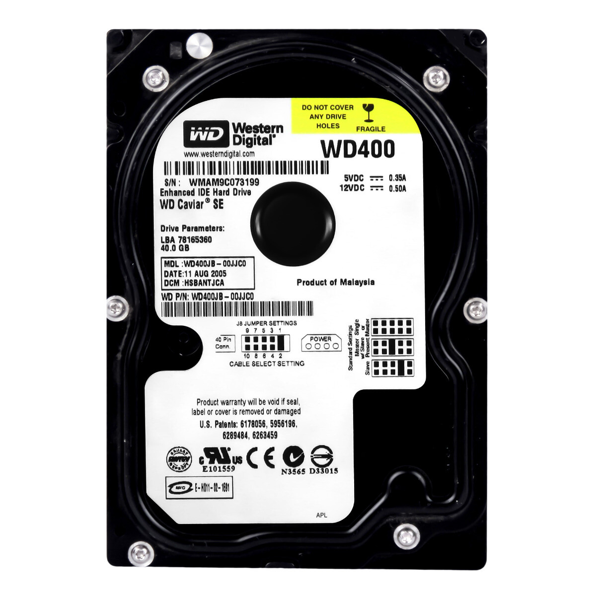 Disque Dur Interne Western Digital 40 Go IDE – 7200 Tr/min, 3,5 Pouces, Occasion