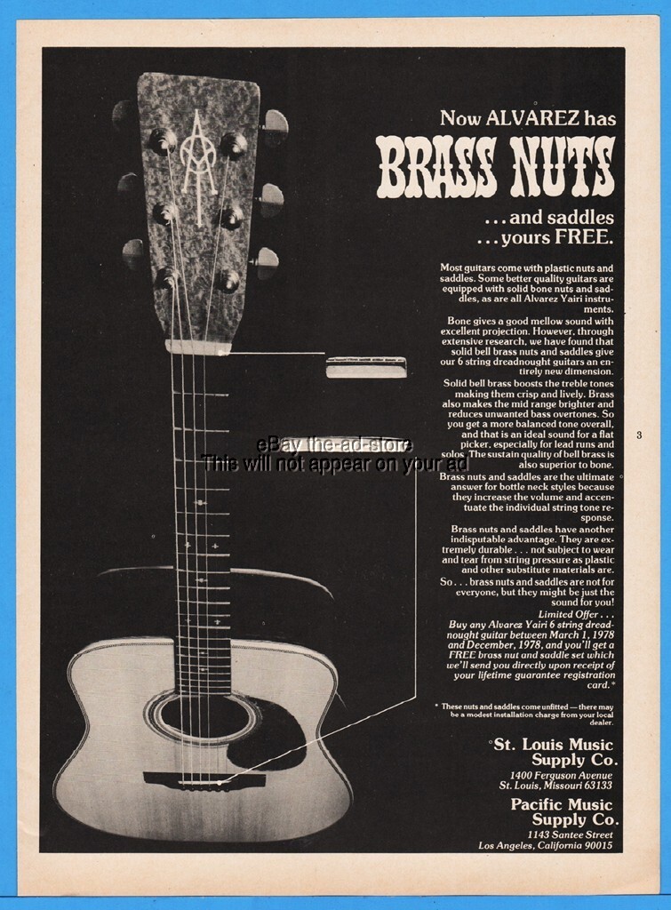 1978 Alvarez Yairi Dreadnought Guitar Brass Nuts and Saddles Photo Print Ad