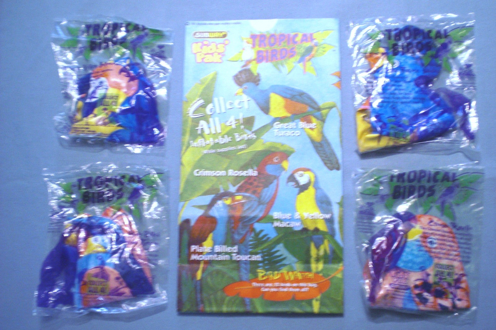 Subway 1996 - Tropical Bird Inflatables - Complete Set of 4 MIP plus Sack