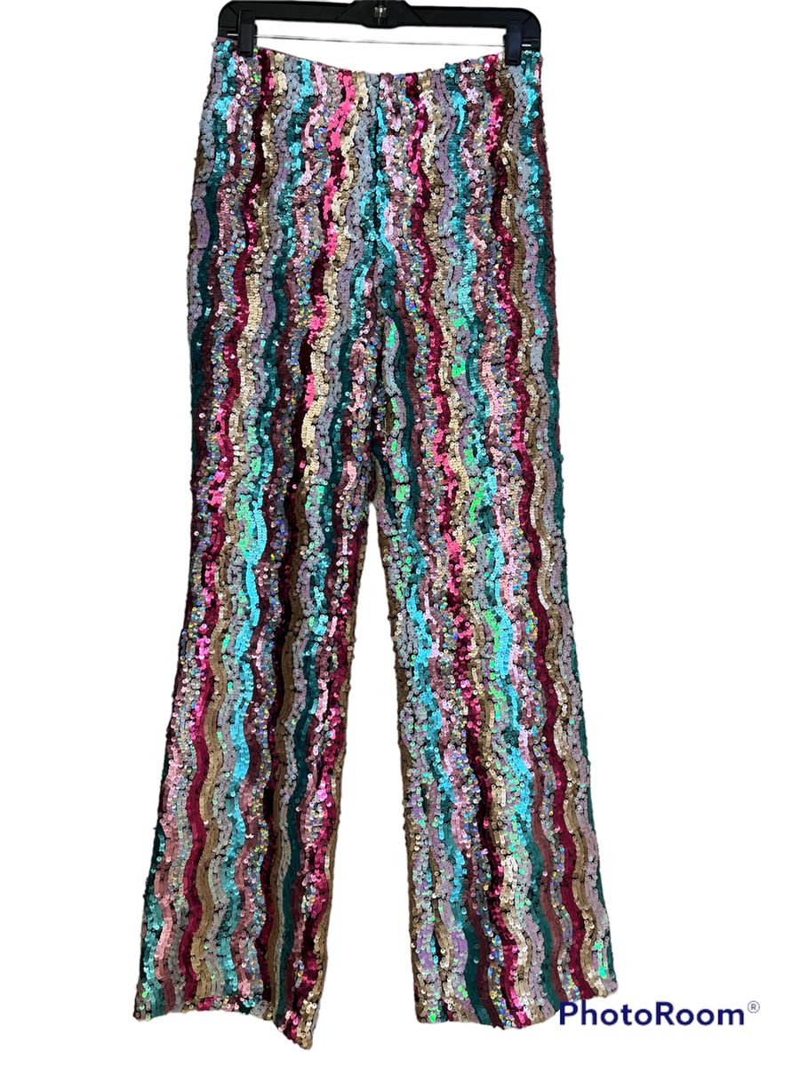 New Free People Disco 70's Flare Rainbow Sequin Pants Sz