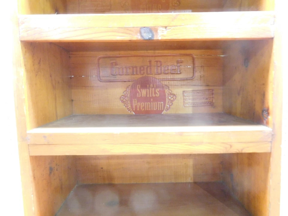 Espléndido estuche de madera vintage victoriano de 3 estantes "Swift's Premium", estantería Foto 2 de 4