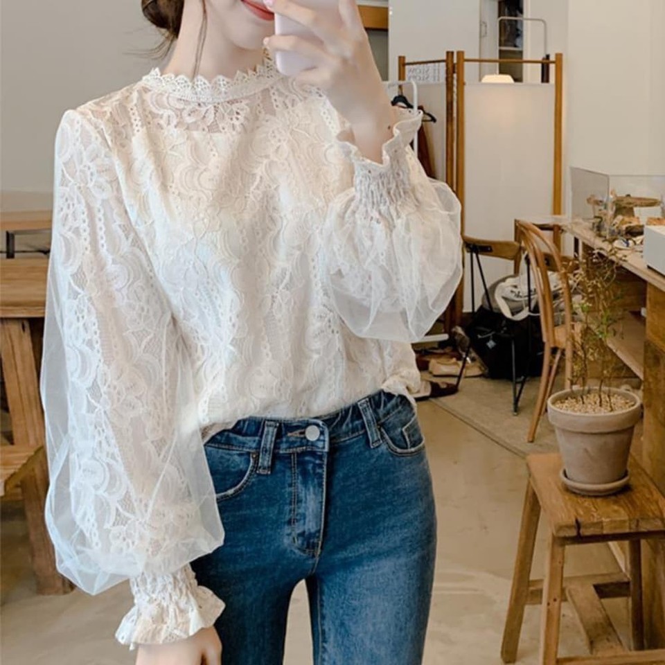 Women's Retro Style Solid Sweater with Tulle Bell Sleeves and Stand ...