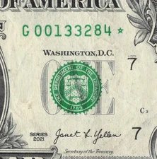 Series 2021 Star Note G Chicago 3.2M Pack Note $1 Dollar Bill G00133284*