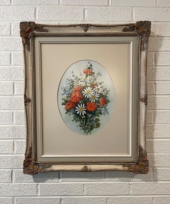Vintage Floral Print E. Carpenter Ornate Gold Rococo Frame Oval Mat Daisies Carn