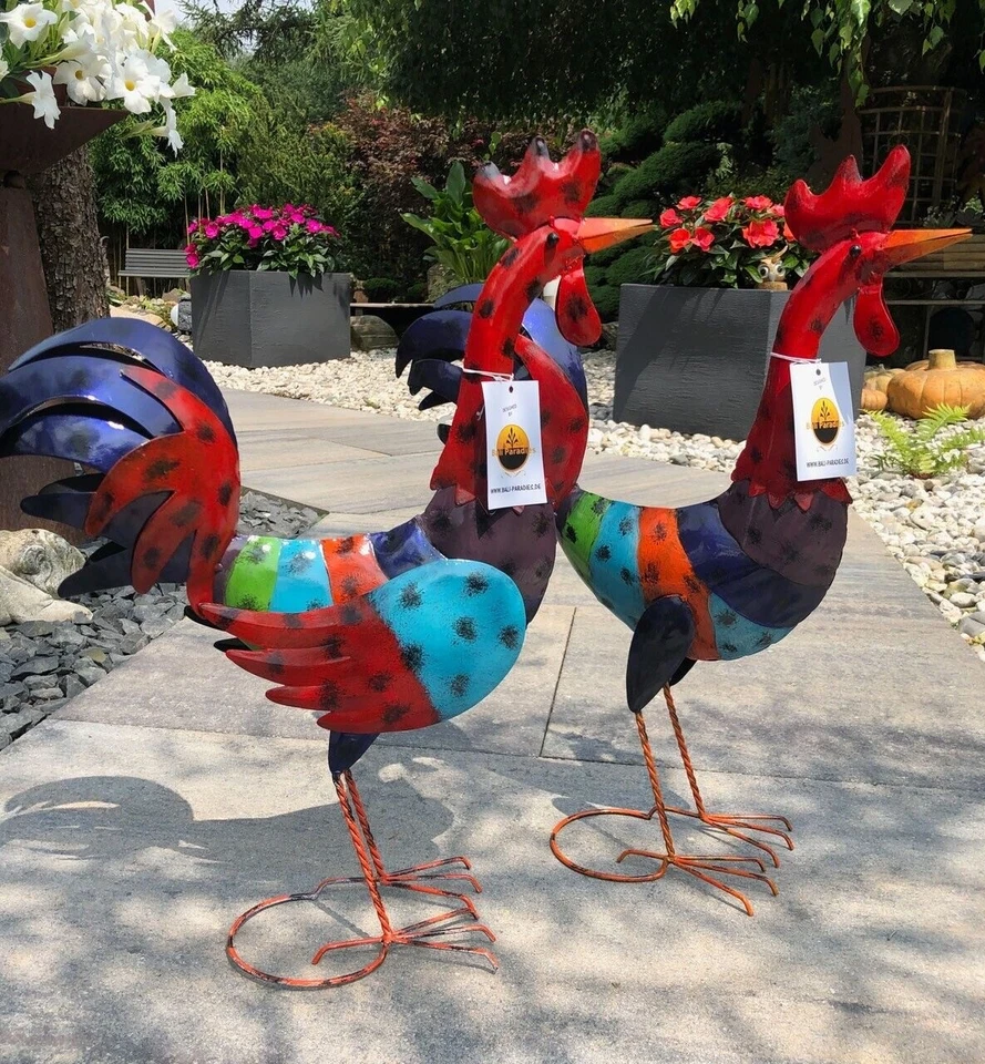 Gartenfiguren große Tiere - Hahn & Huhn bunt handgefertigt Metall Gartendeko - Bild 4 von 4