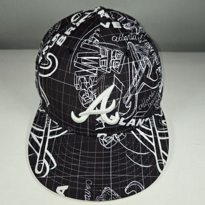 New Era 59FIFTY Atlanta Braves Fitted Hat 7-5/8 Black White Blueprint Grid AOP