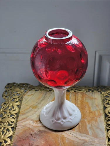 2 Vtg Dot Optic Ruby Overlay Fenton Art Glass Footed Ivy Ball Vase|1955-67|READ