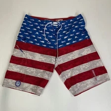 Pelagic Board Shorts American Flag Shark Fishing Swim Trunks Size 34