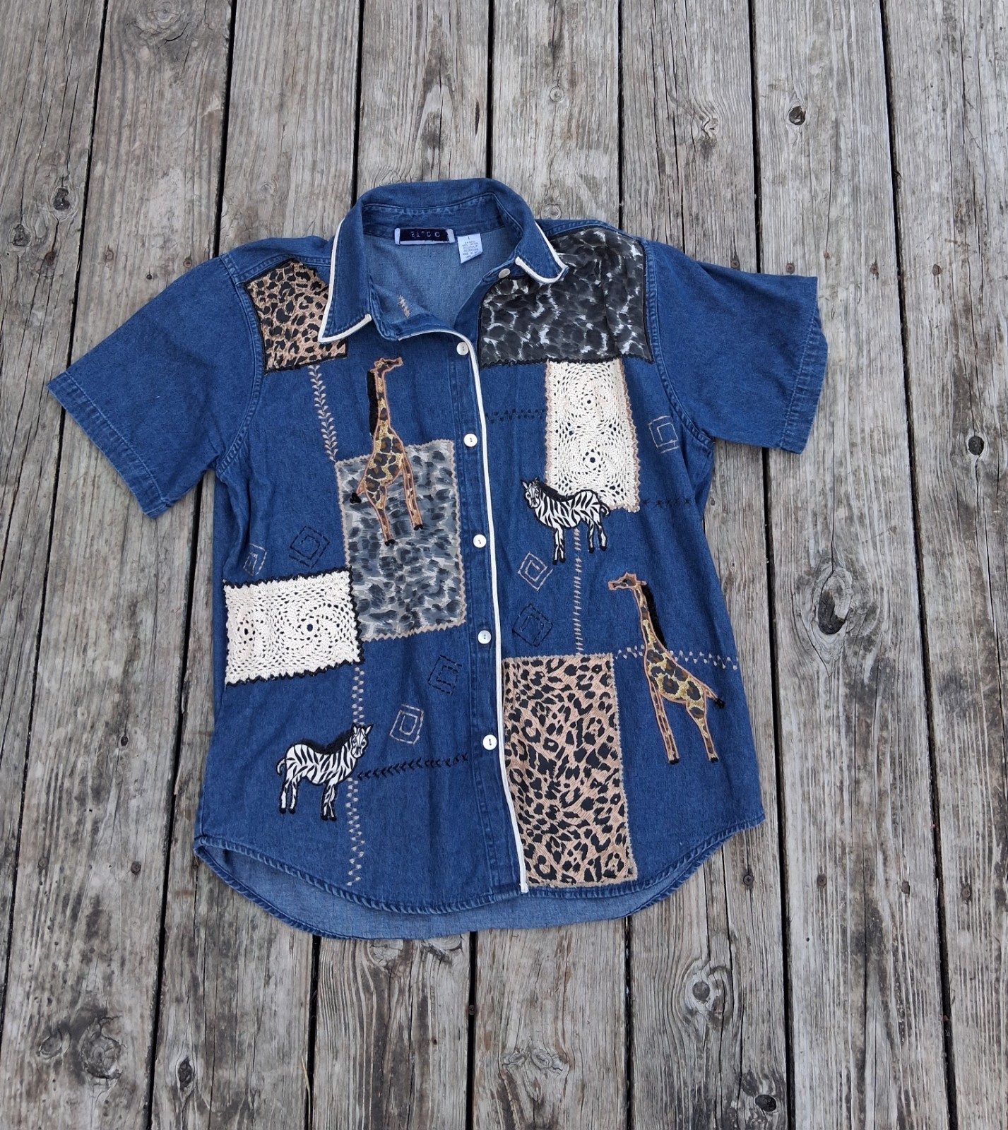 Sara Studio Safari Patchwork Denim Button Up Shir… - image 1