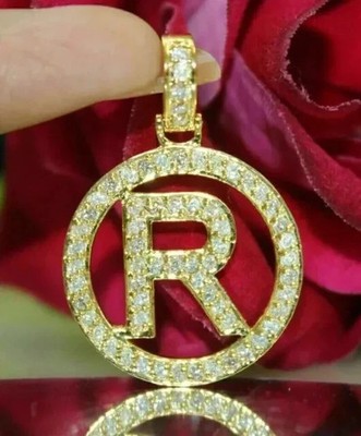 2.30 Ct Round Cut Real Moissanite Custom ''R'' Pendant 14K Yellow Gold Plated