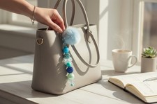 Blue Pom Pom Keychain With Beaded Charms Bow Accent For Handbags Or Keys