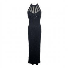 Lawrence Kazar Silk Sleeveless Vtg Blk Halter Beaded Long Evening Gown Dress PM