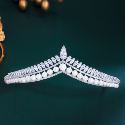 Elegant Silver and Pearl Tiara Silver Crystal Bridal Tiara | Pearl Wedding Headband  main image 2