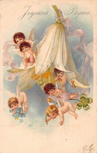L085 Easter Greetings 1906 cherubs fairy flower fantasy shamrock postcard