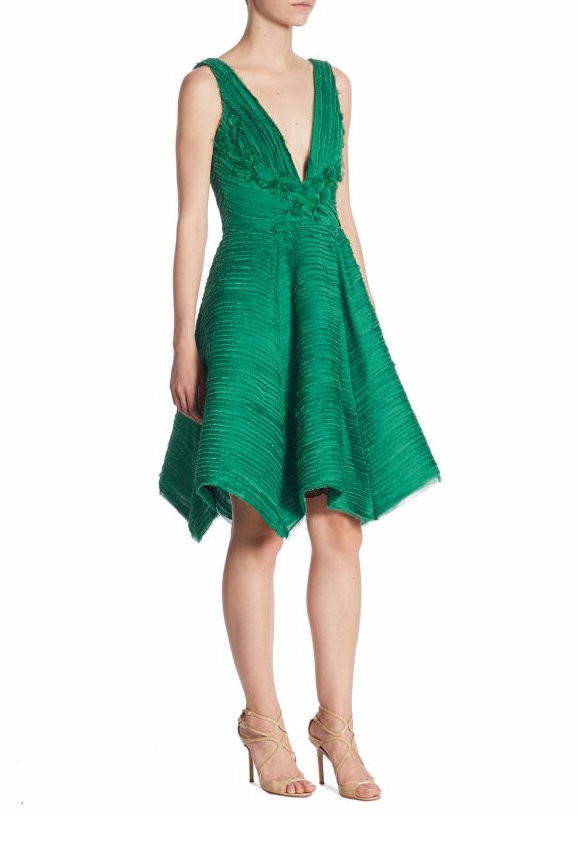 $695 NEW MARCHESA NOTTE Pleated Cocktail Floral 3 D Dress Emerald Green 6 |  eBay