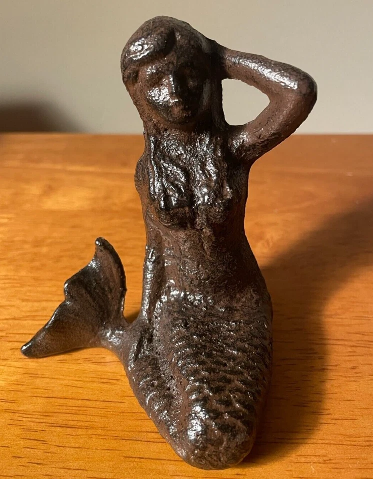 Mermaid Figurine Statue Cast Iron Nautical Coastal Decor Rustic Beach Shelf Art - Image 2 of 4