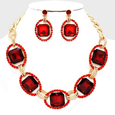  Red Gold Pave Crystal Links Rhinestone Centers Statement Necklace Set