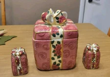 World Bazaars Christmas Poinsettia Cookie Jar W/Matching Salt & Pepper Shakers