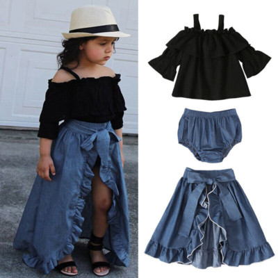 3PCS Toddler Baby Girl Outfits Suspenders Tops +Split Skirt +Shorts Clothes Set