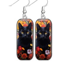 Pendientes Gato Negro Flor Jardín Floral Arte Impresión Cuelga Alambres Plata Esterlina