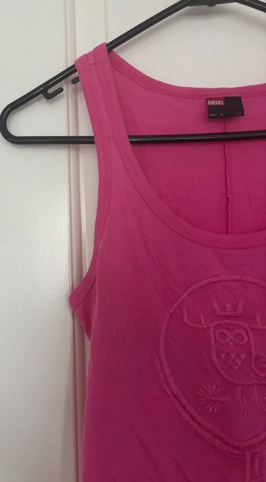 Diesel - Camiseta sin mangas de algodón con espalda abierta rosa con logotipo de búho - Corbata ajustable - Talla S Foto 3 de 4
