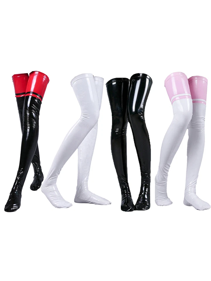 DE Damen Glanz Lack Leder Strümpfe Wetlook Sexy Halterlose Oberschenkel Overknee - Bild 2 von 2