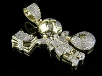 2 Ct Round Diamond Men's Richie Rich Money Bag Pendant 14k