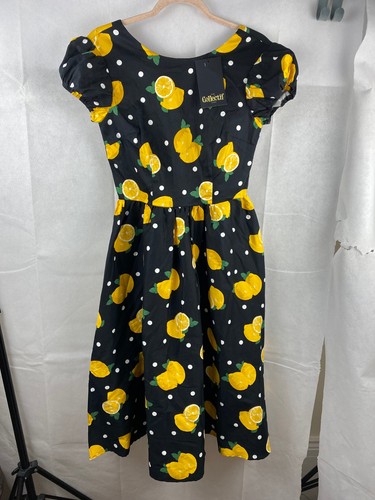 Collectif Dress UK 10 S Demira Polka Dot Swing Lemons Black w/ Pockets - Picture 5 of 18