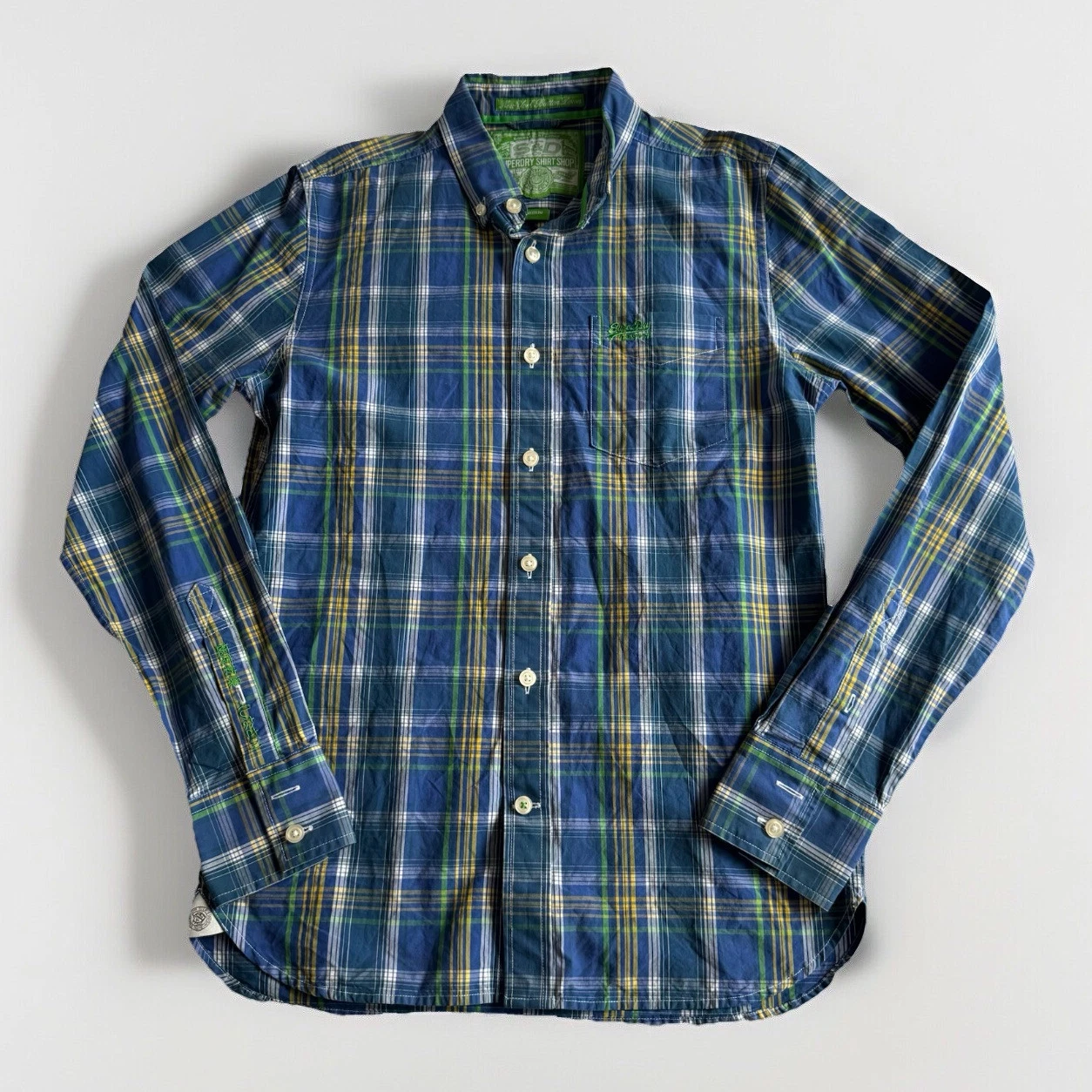 SUPERDRY Men’s Blue/Green New York Long Sleeve Shirt Size Medium 100% Cotton