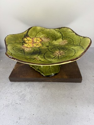 Vintage Cico Germany Pottery Floral Majolica Cake Plate Serving Platter Green