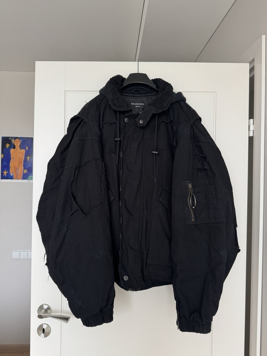 Balenciaga Mens Black Unity Destroyed Bomber Jacket Size L (Size 1