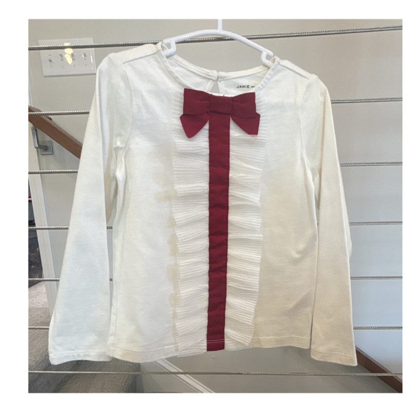 Janie and Jack Girls Ivory Red Bow Ruffle T-Shirt Size 3 Long Sleeve Round Neck
