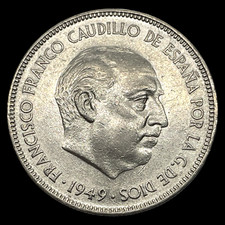 1949 (50) Spain 5 Pesetas Francisco Franco Espana World Coin KM# 778 Lot D1-231